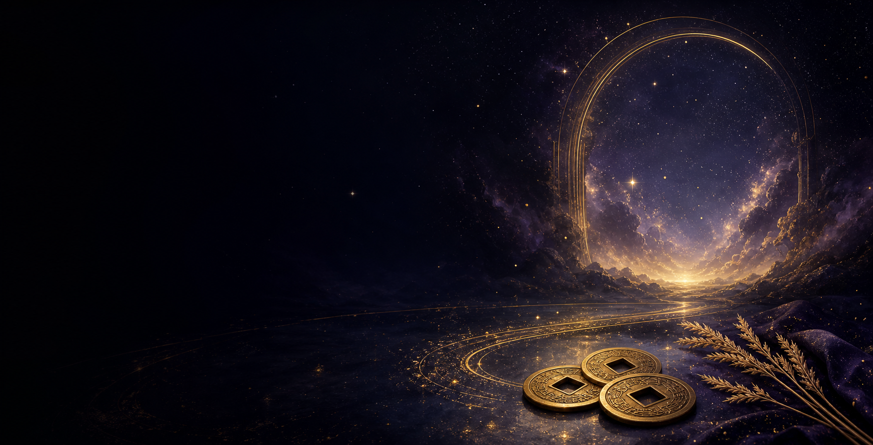 El I Ching en Osudovka — un oráculo de hexagramas dorados sobre un paisaje cósmico